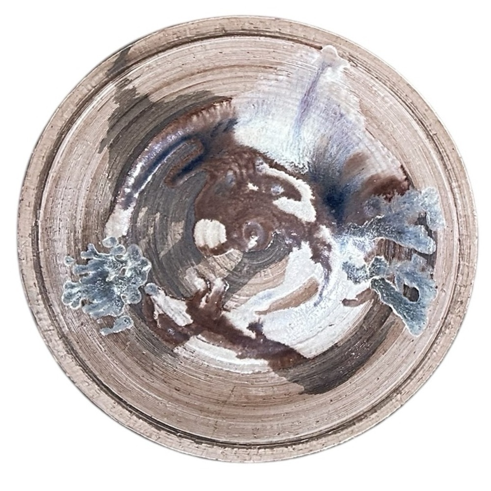 Tadd Artistan made decorative plate Abstract Design white, taupe, blue signed